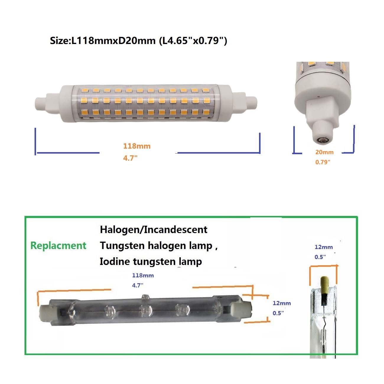 QLEE R7S LED Bulb 118MM 12W J118 T3 Led FloodLight Equivalent 150w Halogen Wall Sconce Floor Light j-Type Linear Double Ended Banker Light 360º Beam