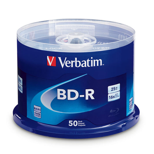 Verbatim BD-R 25GB 16X Blu-ray Recordable Discs with HardCoat, 50 Pack