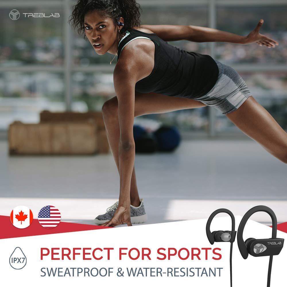 TREBLAB XR500 Bluetooth Running Headphones, IPX7 Waterproof, Noise Cancelling, Secure-Fit, Wireless Sport Earbuds with Mic