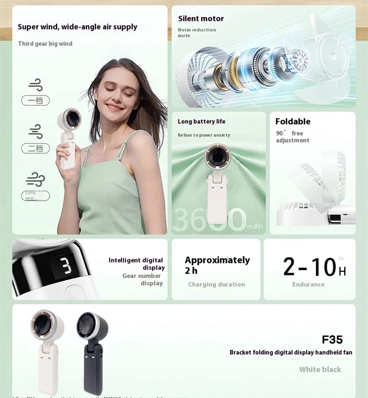 CHANGAIDA Portable Handheld Turbo Fan with Digital Display, Up to 12 Working Hours USB Rechargeable 3-in-1 Mini Hand Held Personal Fan for Travel