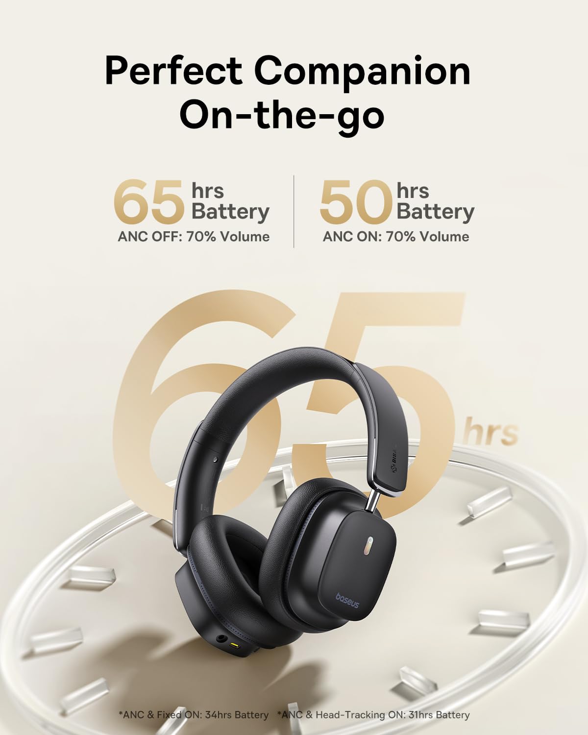 Baseus Bowie 30 Max Active Noise Cancelling Headphones, Head Tracking Spatial Audio, LDAC Hi-Res Wireless Sound, 65H Playtime, Comfort Fit, Clear…