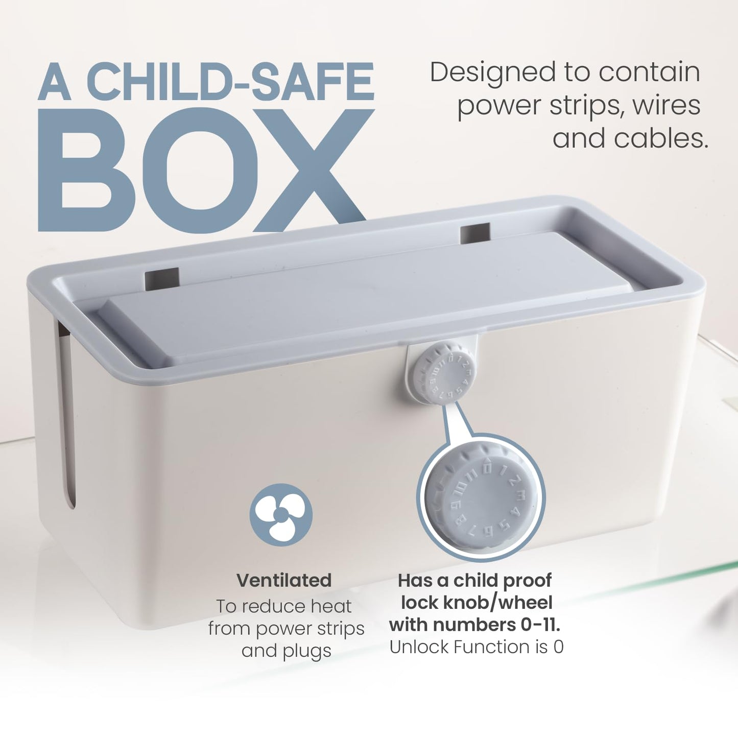 KinderSense® Cable Management Box - Cord Organizer with Child Proof Lock - Cord Hider to Conceal Wires,Power Strips from TV,Computer,Desk and Babies