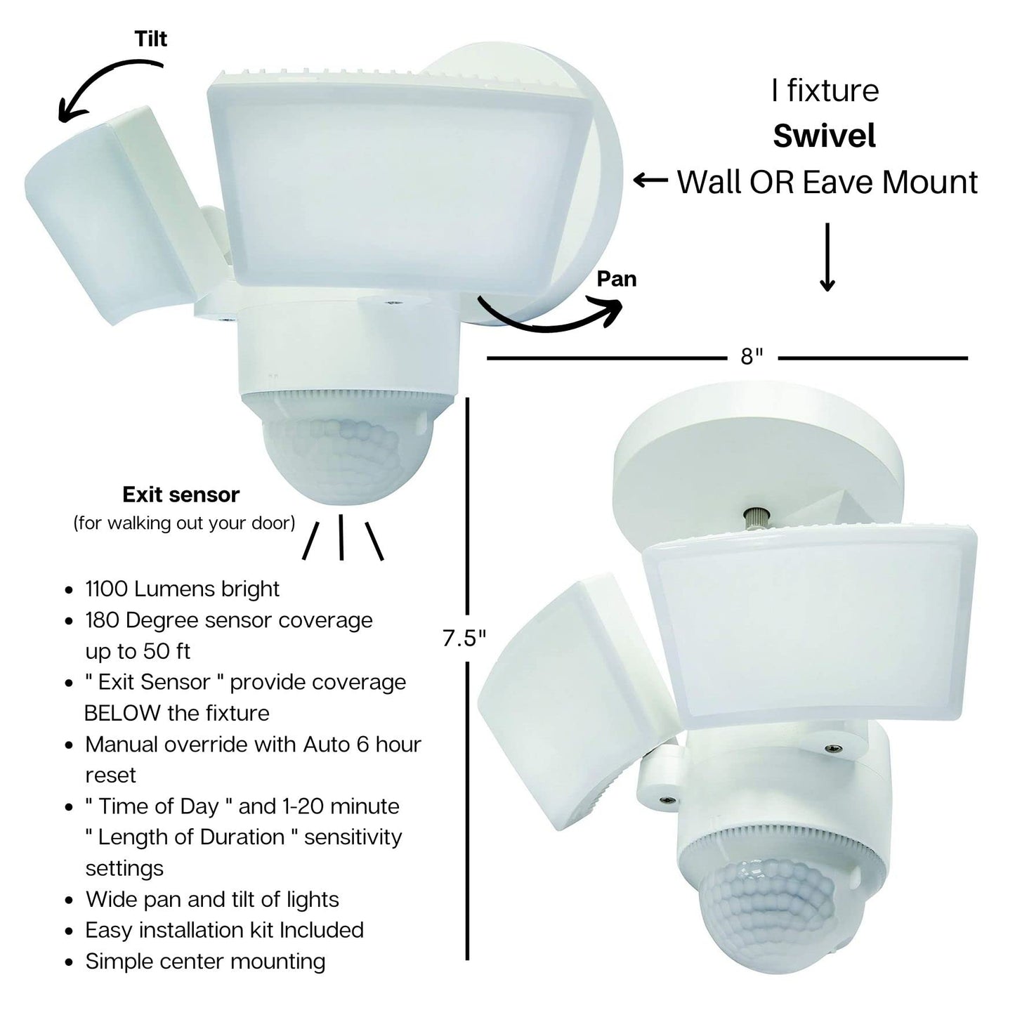 IQ AMERICA LED Outdoor Motion Sensor Security Floodlight - 1100 Lumens, 180° Detection, Weatherproof Design, Versatile Eave or Wall Mounting, Exit