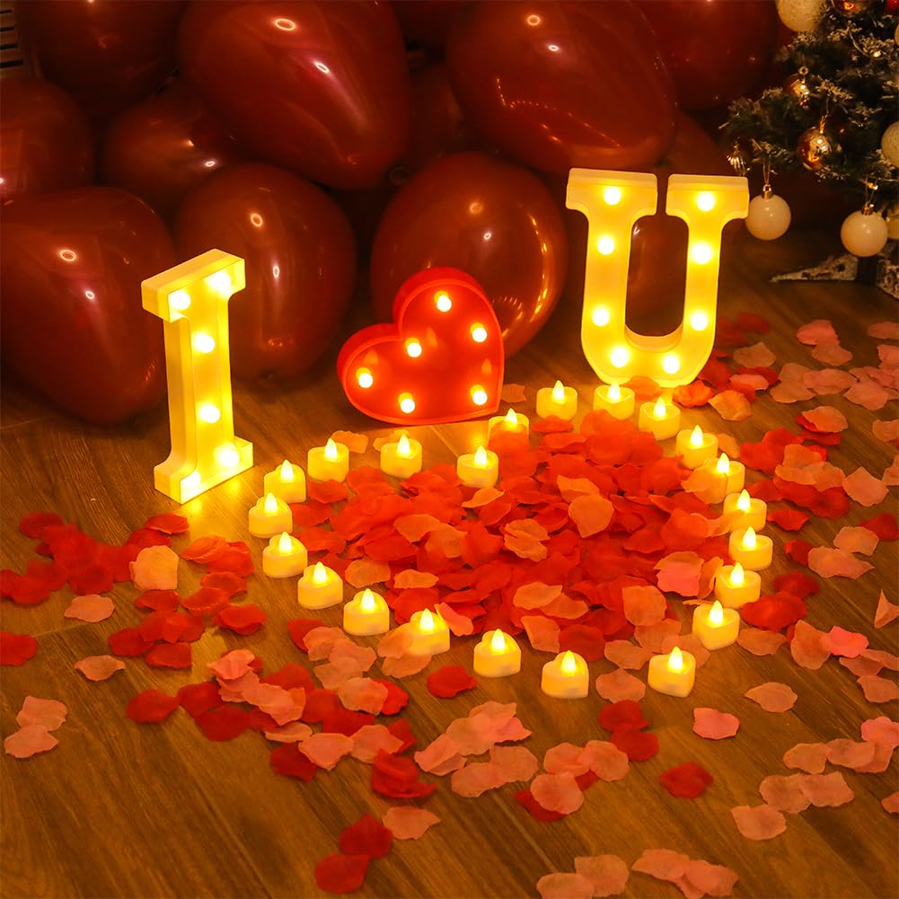 OUDE HOWER I Love U Light Letters Valentine Day Red Light Letters 24Pcs Flameless Candles 1000Pcs Fake Rose Petals 30Pcs Red Balloons 1Pcs Love