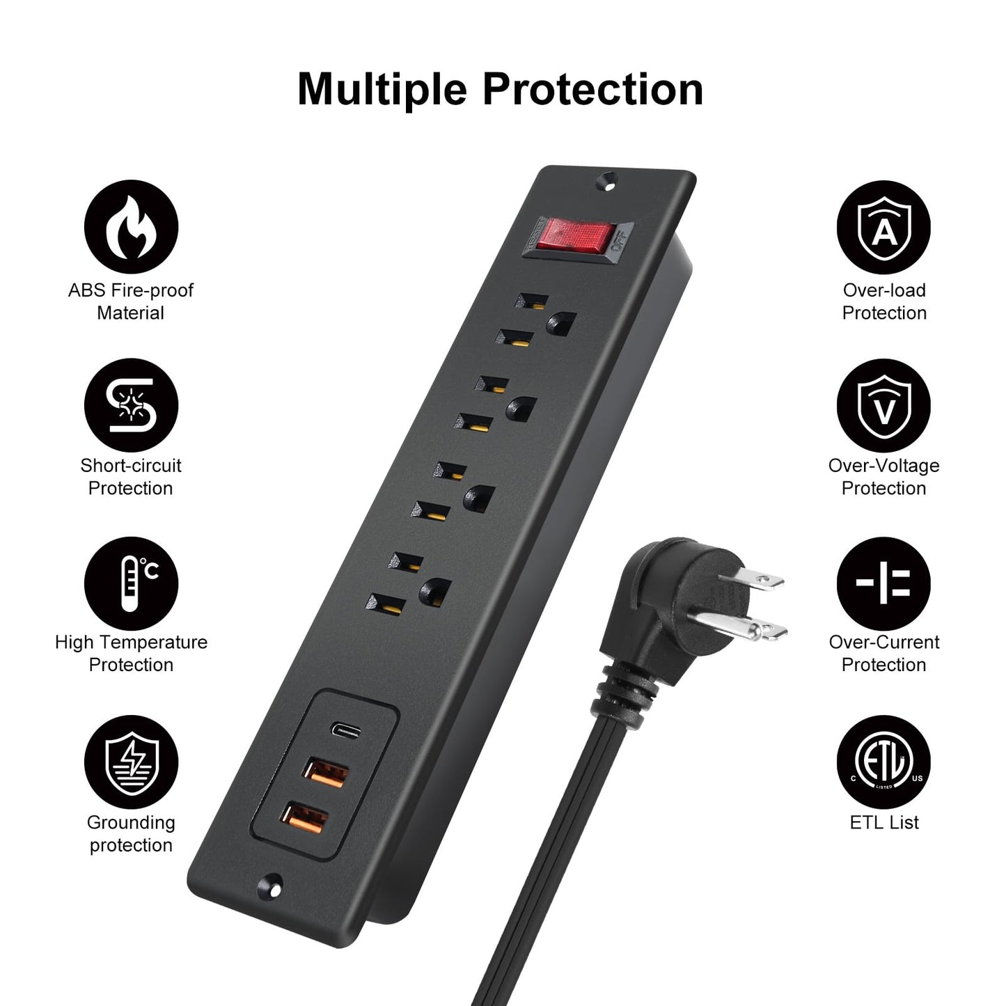 4 Outlets Recessed Power Strip with USB C 20W, Fast Charge Desktop Power Outlet Flush Mount Desk Extender 6.56 ft Extension Cord Plug in Furniture