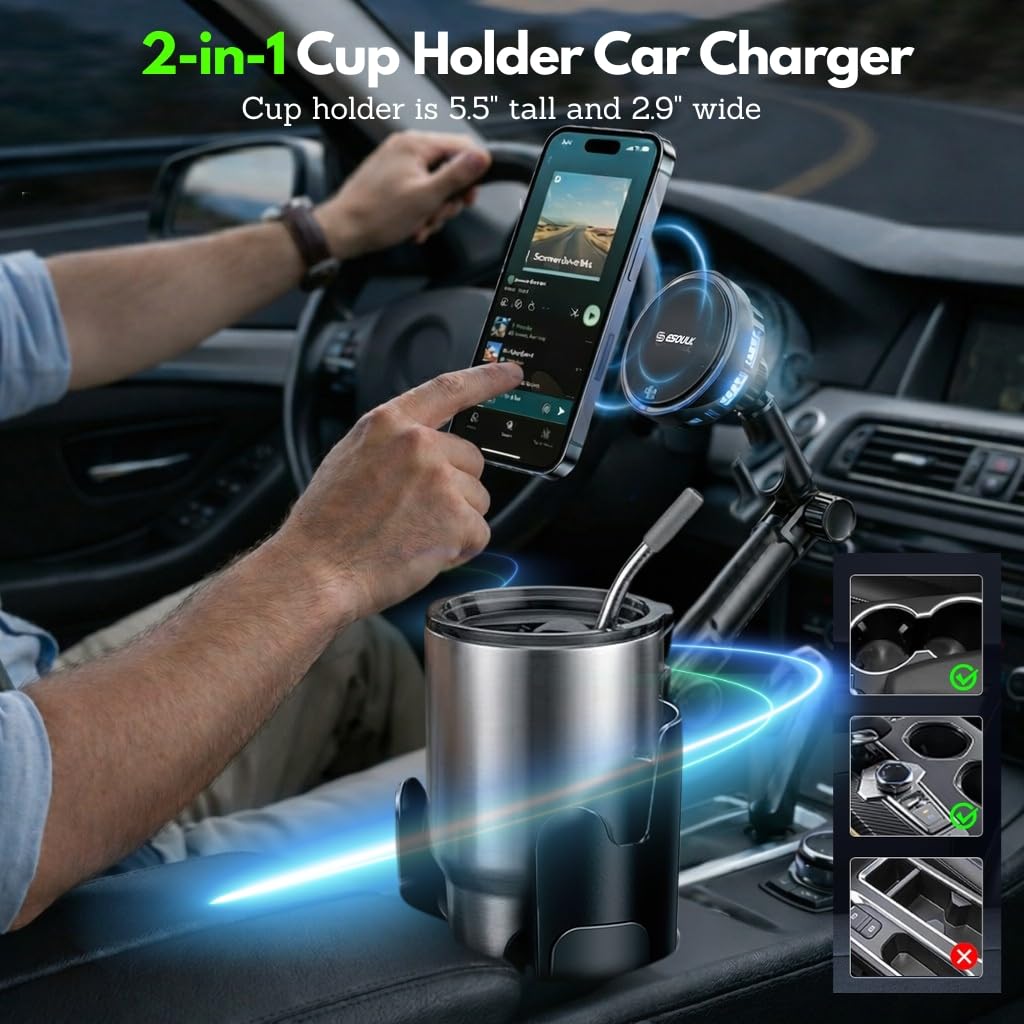 Esoulk [2026 Upgraded] Qi2 25W Fast Wireless Car Charger with Cooling Fan, Cup Holder Phone Mount with Adjustable Long Arm, Magnetic Fast Charging