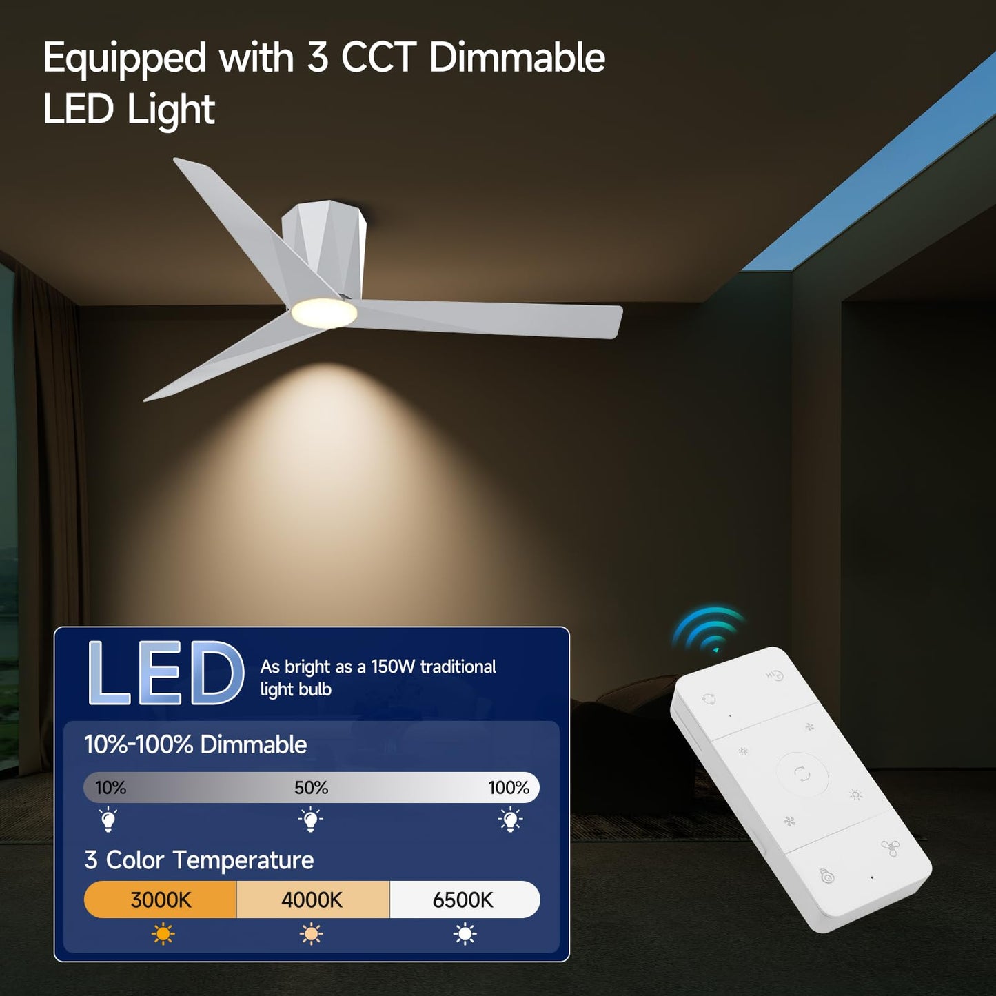 Roomratv 52 Inch Modern Silver Finished Ceiling Fans with Dimmable Led Lights, Flush Mount Ceiling Fan with Remote Control, Quiet DC Reversible Motor