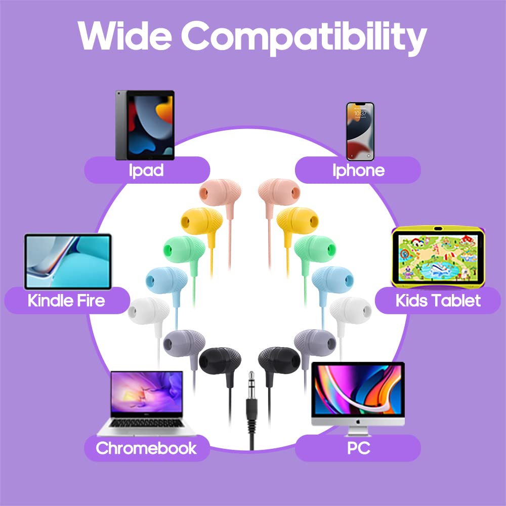 Wensdo Wholesale Bulk Earbuds Headphones 50 Pack Multi Color for Classroom Kids, Durable Earphones Perfect for K12 Schools Students Teens…