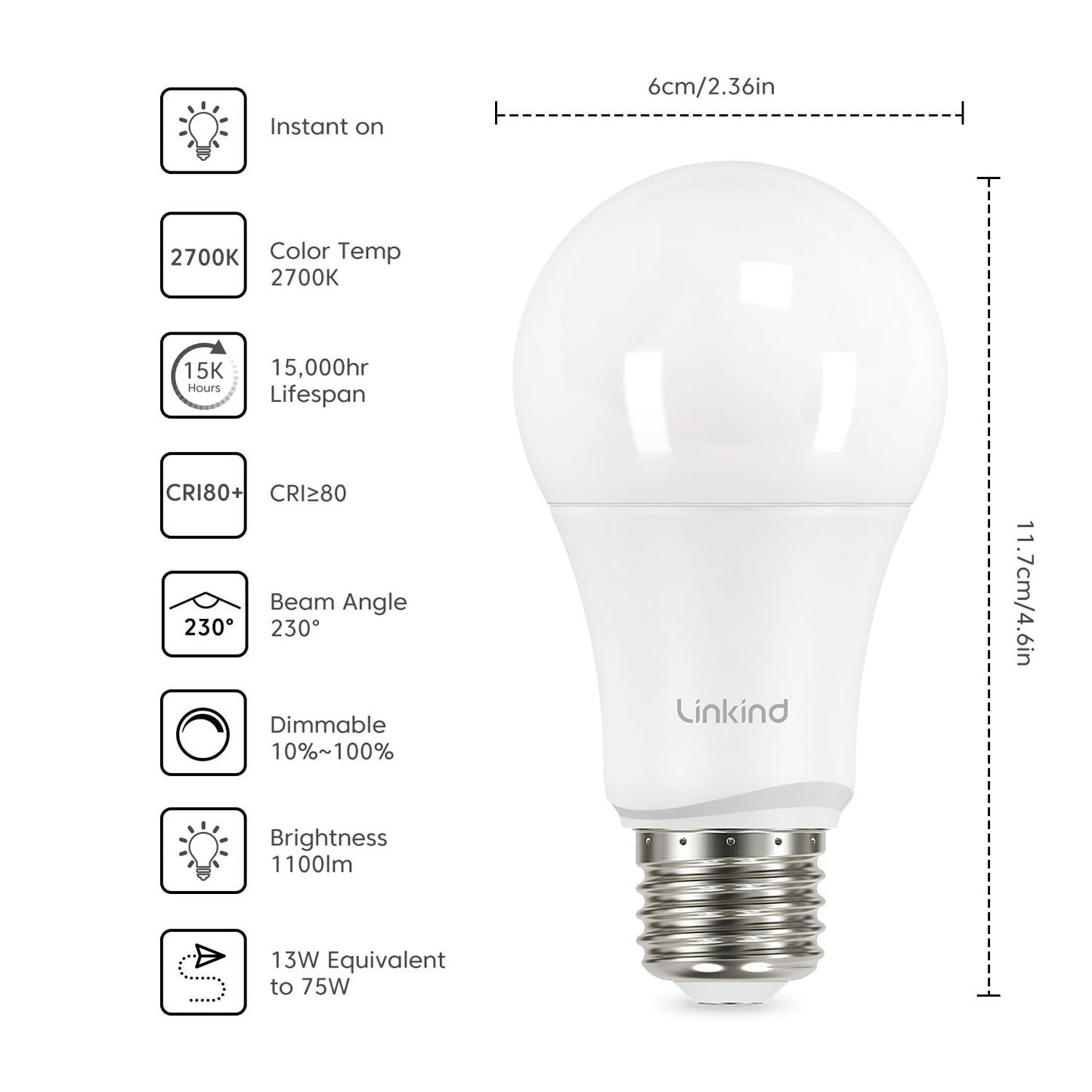 Linkind A19 LED Light Bulbs, 75 Watt Equivalent Dimmable Light Bulbs, E26 Base, 2700K Soft White, 13W 1100 Lumens, UL Listed FCC Certified, Lighting