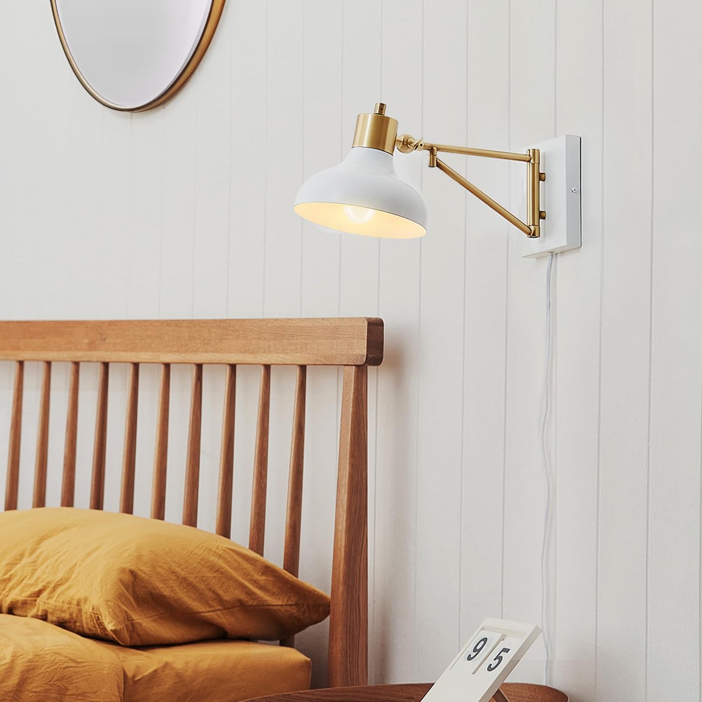 Globe Electric 51344 1-Light Plug-in or Hardwire Swing Arm Wall Sconce, White, Brass Accents, White-Cloth Cord, Mounted Bedside Lamp, Kitchen Sconces