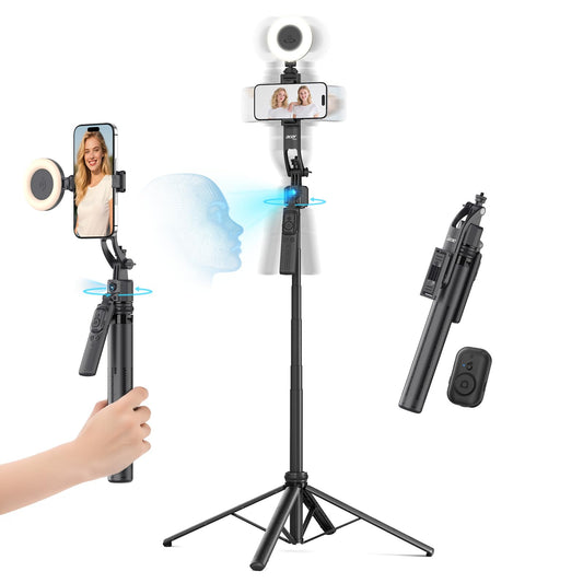 Acer Gadget Auto Face Tracking Tripod for iPhone/Cell Phone/Android/Camera with Light and Remote, 64", No App, 360°Rotating Tripod Selfie Stick