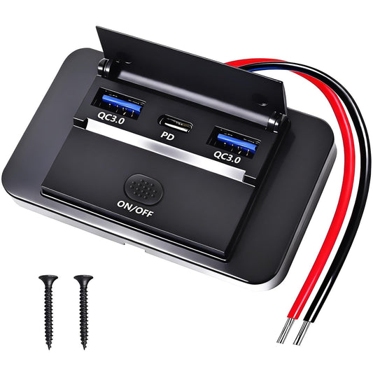 DAESENN 12V 3-Port USB Charger 66W, Dual QC3.0 36W + PD3.0 Type-C 30W Fast Charging, Panel Mount for RV Boat Car Bus Motorcycle Marine SUV ATV Truck