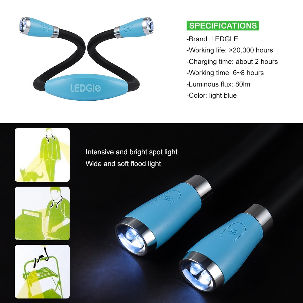 LEDGLE Neck Reading Light Rechargeable Neck Flashlights for Knitting, 4 LED Bulbs + 3 Adjustable Brightness + Flexible Soft Silicone Arms | Hands Free