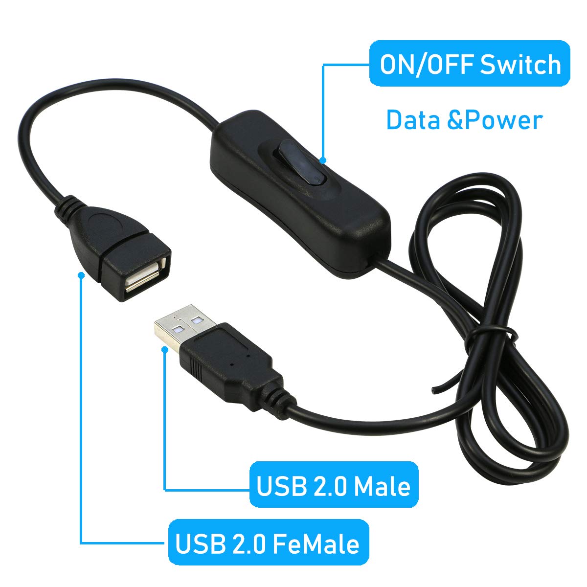 RIITOP USB Extension Cable With ON/OFF Switch - Male to Female Support (Data and Power) for Headset, LED Strips [3.3ft, 2-Pack]
