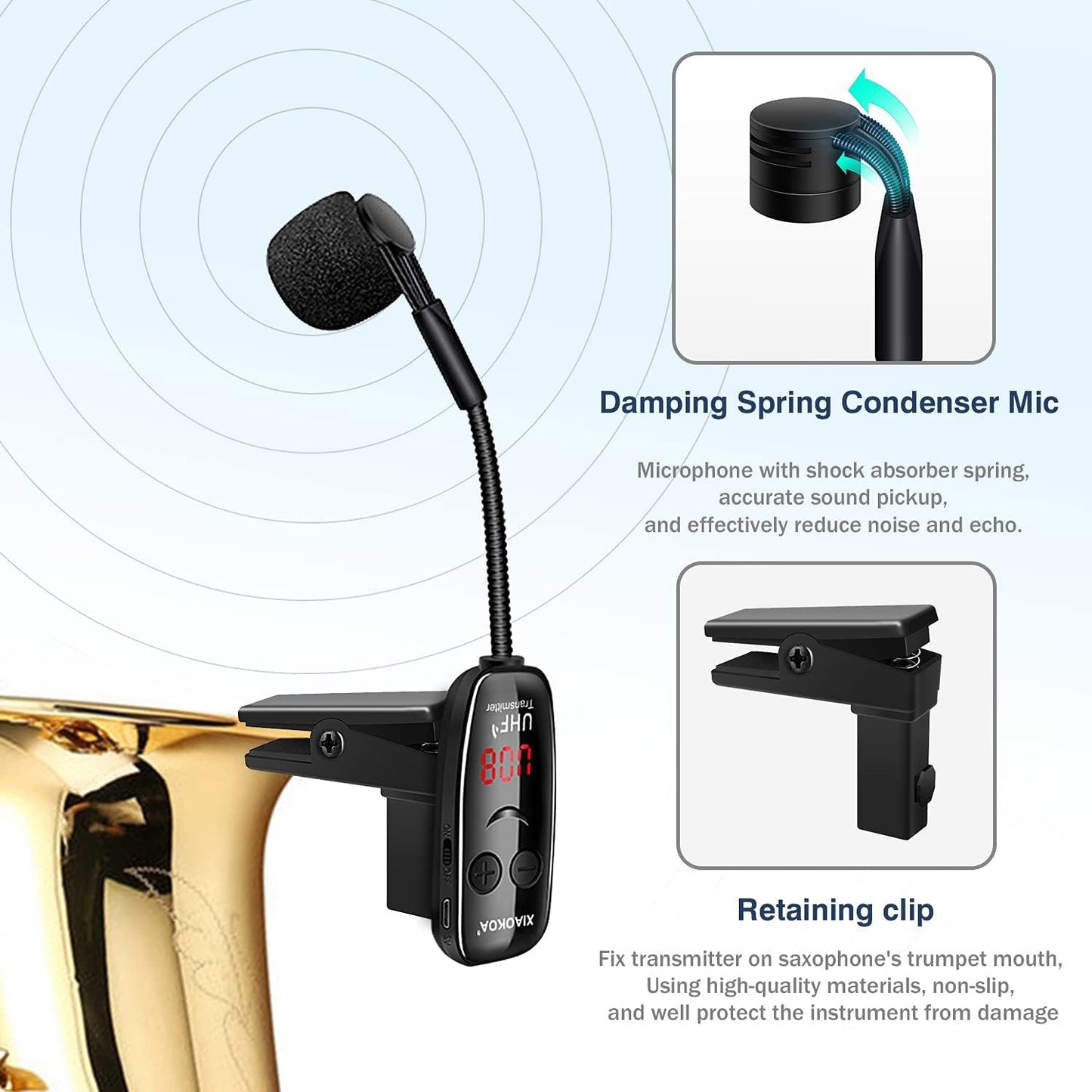XIAOKOA Wireless Microphone for Saxophone, UHF Wireless Microphone for Musical Instruments, Wireless Receiver and Transmitter for
