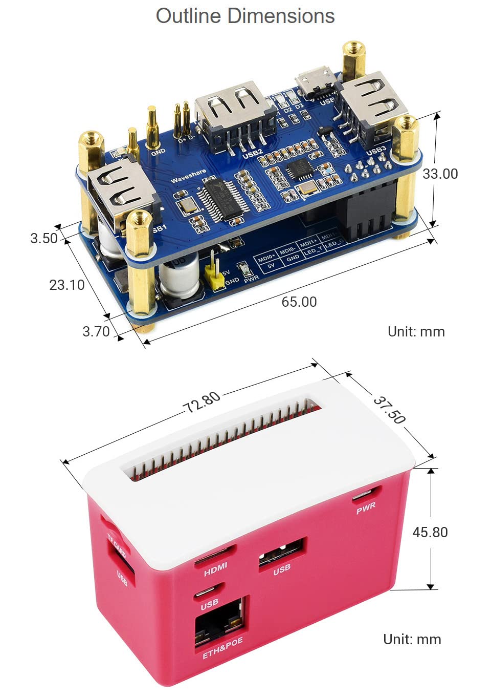 Waveshare PoE Ethernet/USB HUB Box, Compatible with Raspberry Pi Zero/Zero W/Zero WH, 3X USB 2.0 Ports, 802.3af-Compliant