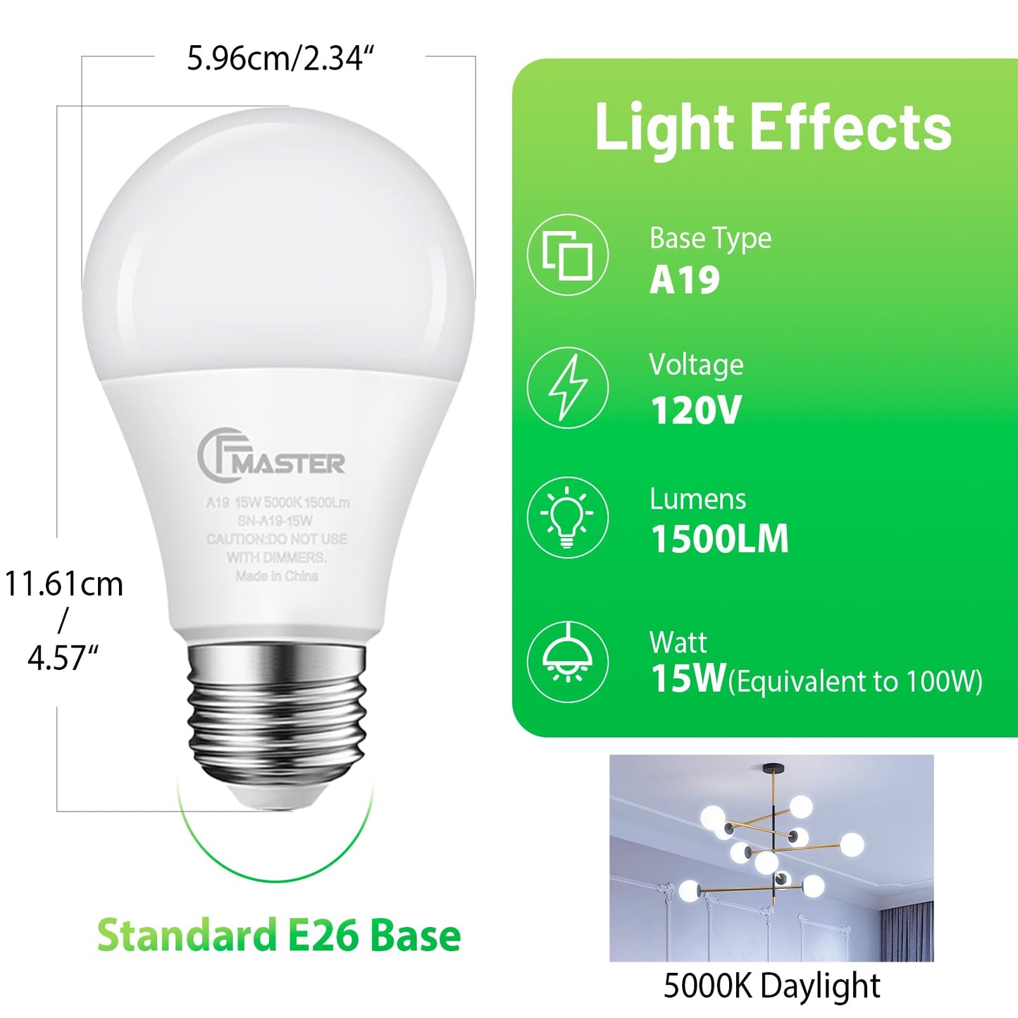 CFMASTER A19 LED Light Bulb, LED Bulbs 100 Watt Equivalent, 5000K Daylight Light Bulbs, 1500 Lumens, E26 Standard Base Lightbulb, Non-Dimmable 15W