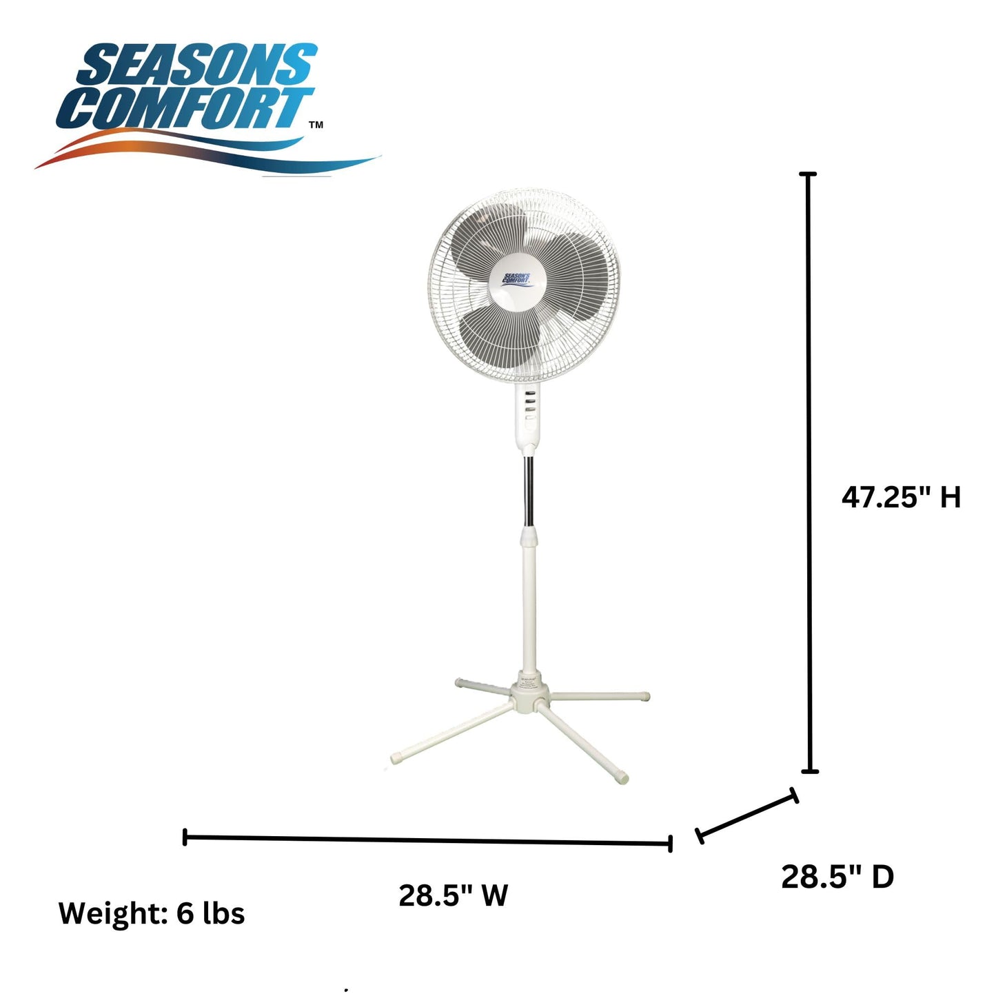 Seasons Comfort 16 Inch Oscillating Pedestal Fan, White, 3 Speeds, Adjustable Height, Push Buttons, Quiet - Electric Cooling Fan for Home, Office