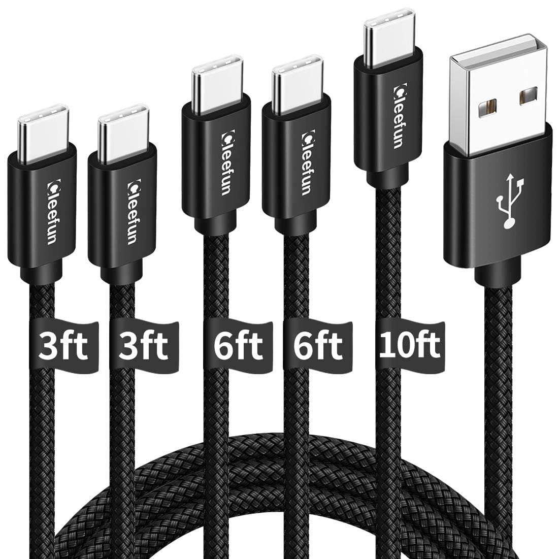 CLEEFUN USB C Cable, USB to USB C Cable, [5 Pack, 3/3/6/6/10 ft] Type C Charger Cable Fast Charging for iPhone 17 16 15 Pro Max Plus Air, for Samsung