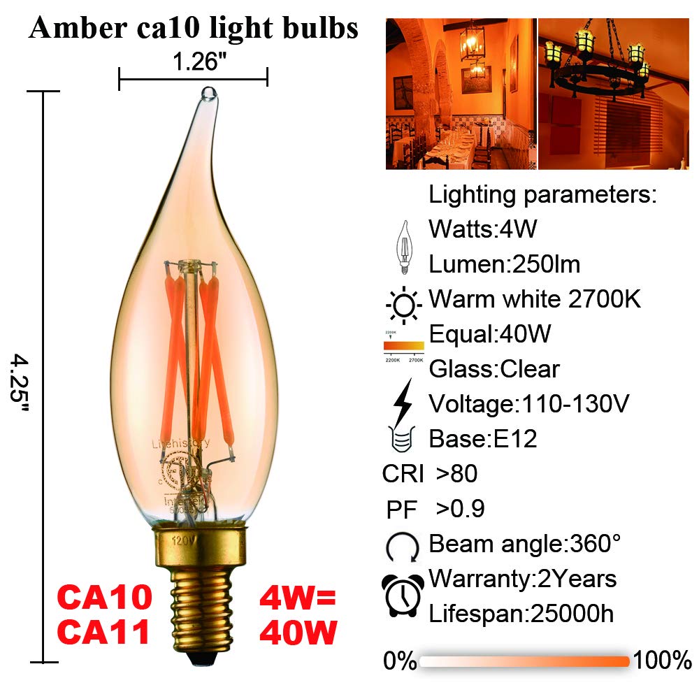 LiteHistory CA10 E12 Candelabra Bulb 40 watt,Amber Light Bulbs,2200K,6Pack