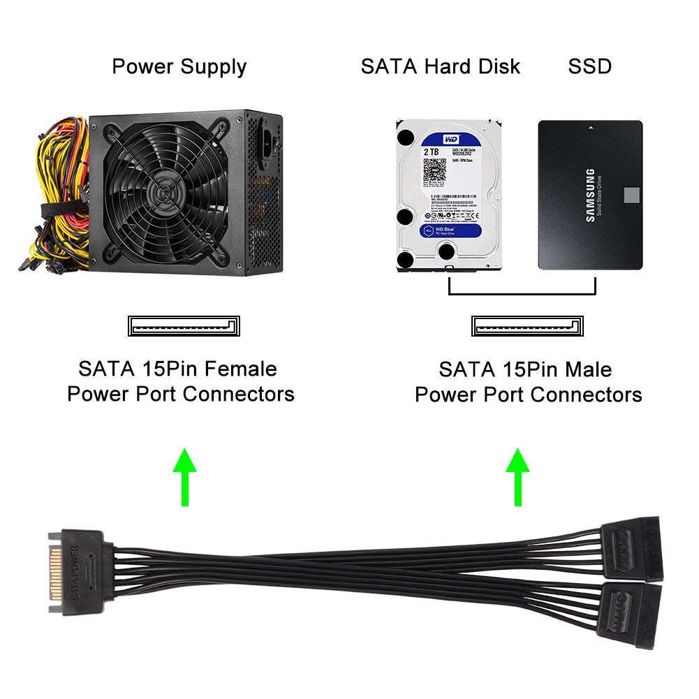 J&D 15 Pin SATA Power Y Splitter Cable (2 Pack), Male to Female, 8 inch