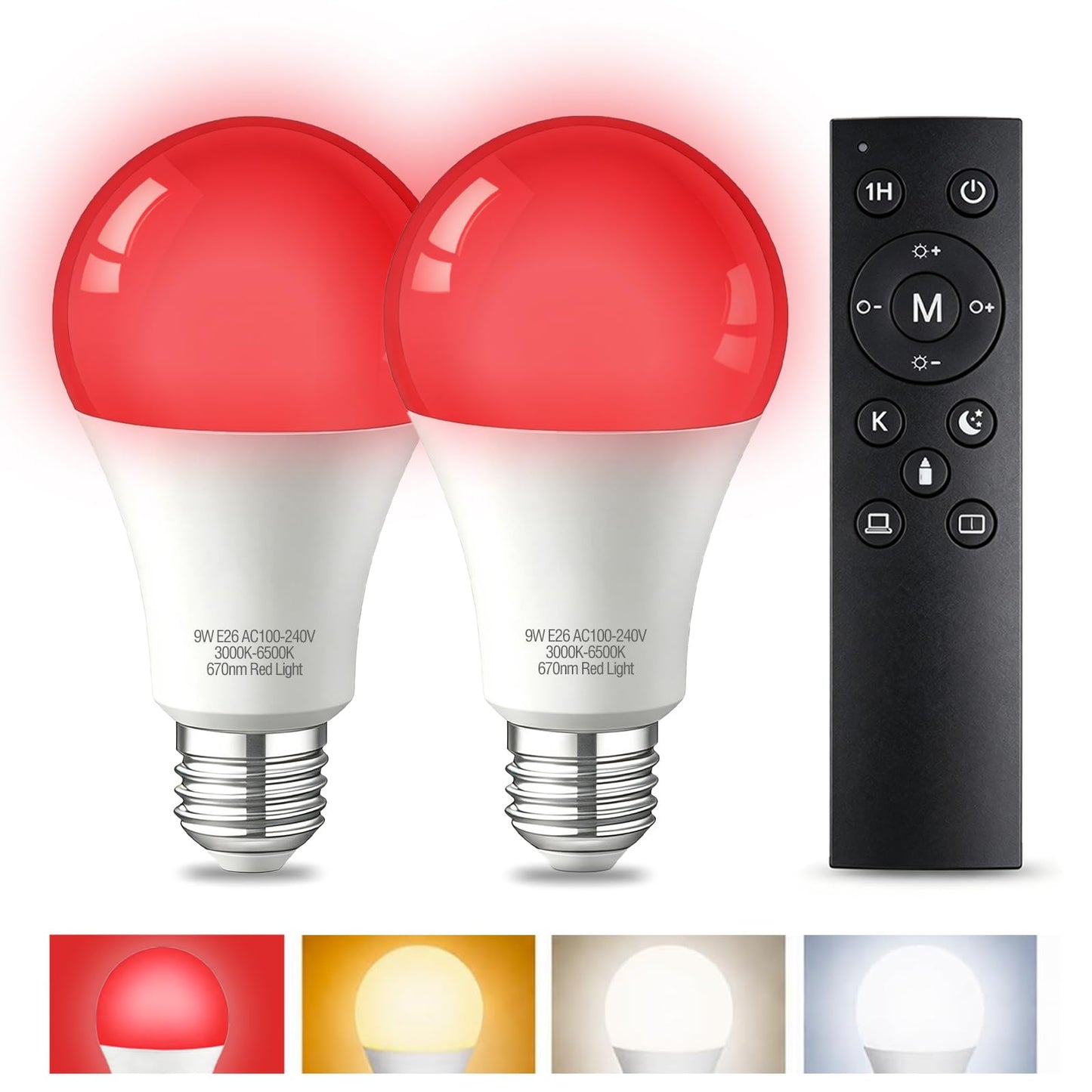 670nm Sleep Red Light Bulb with Remote Control, E26 Blue Light Blocking A19