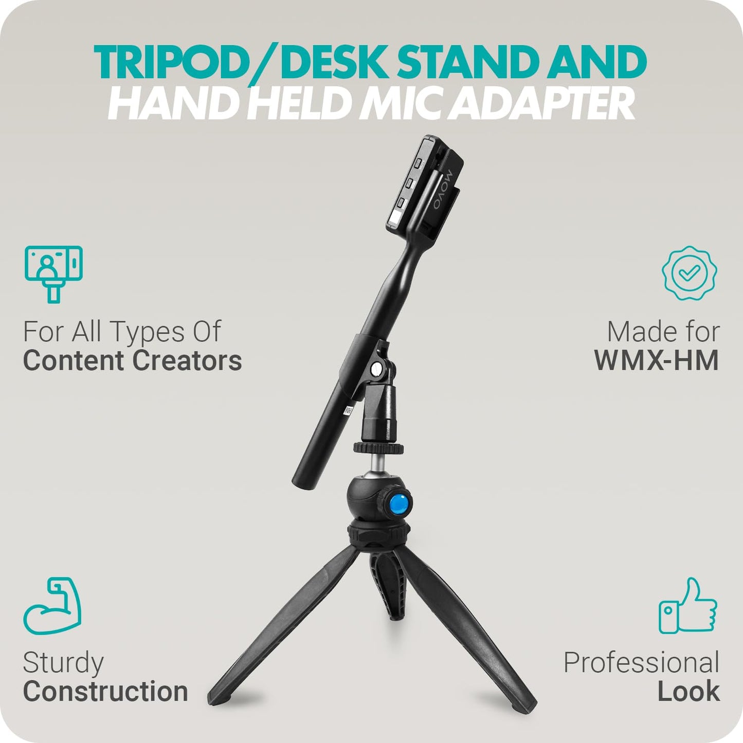 Movo HMT-2 Tabletop Tripod Microphone Stand for Movo WMX-HM and Rode Interview Go Handheld Wireless Mic Adapters. Perfect for Podcasting, Vlogging