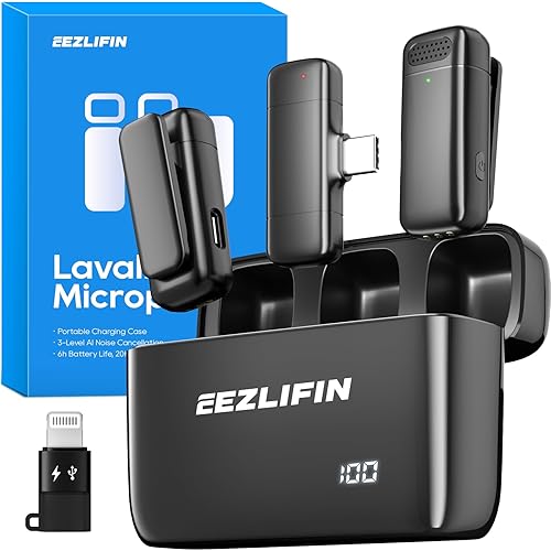 EezLiFin Mini Microphone for iPhone and Android, Wireless Microphones with Charging Case, USB-C&Lightning Compatible, 3 Noise Cancellation Modes