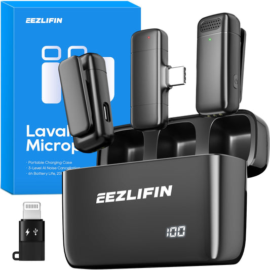 EezLiFin Mini Microphone for iPhone and Android, Wireless Microphones with Charging Case, USB-C&Lightning Compatible, 3 Noise Cancellation Modes
