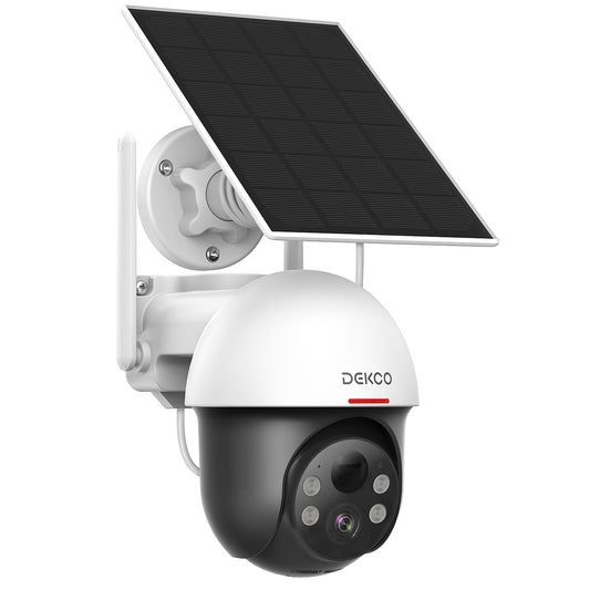 DEKCO Solar Security Camera Outdoor Wireless, Battery Powered, Panoramic Pan Tilt Zoom, Auto Motion Tracking, True 2K, Color Night Vision, Spotlight