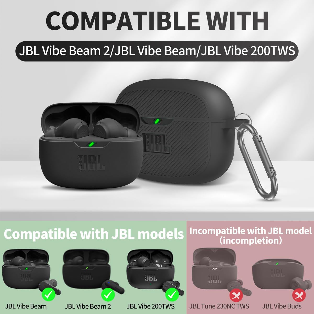 WADVCU Case Cover for JBL Vibe 200TWS & Beam, Silicone Protective Anti-Scratch Shock Resistant Logo Visible Cover, Compatible Devices, Carabiner-Black