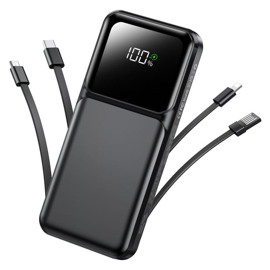 Portable Charger Power Bank with Built in Cable - 20000mAh Fast Charging 22.5W USB C Slim LED Display Battery Pack 5 Outputs & 3 Inputs for Travel