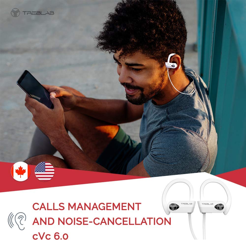 TREBLAB XR500 Bluetooth Running Headphones, IPX7 Waterproof, Noise Cancelling, Secure-Fit, Wireless Sport Earbuds with Mic