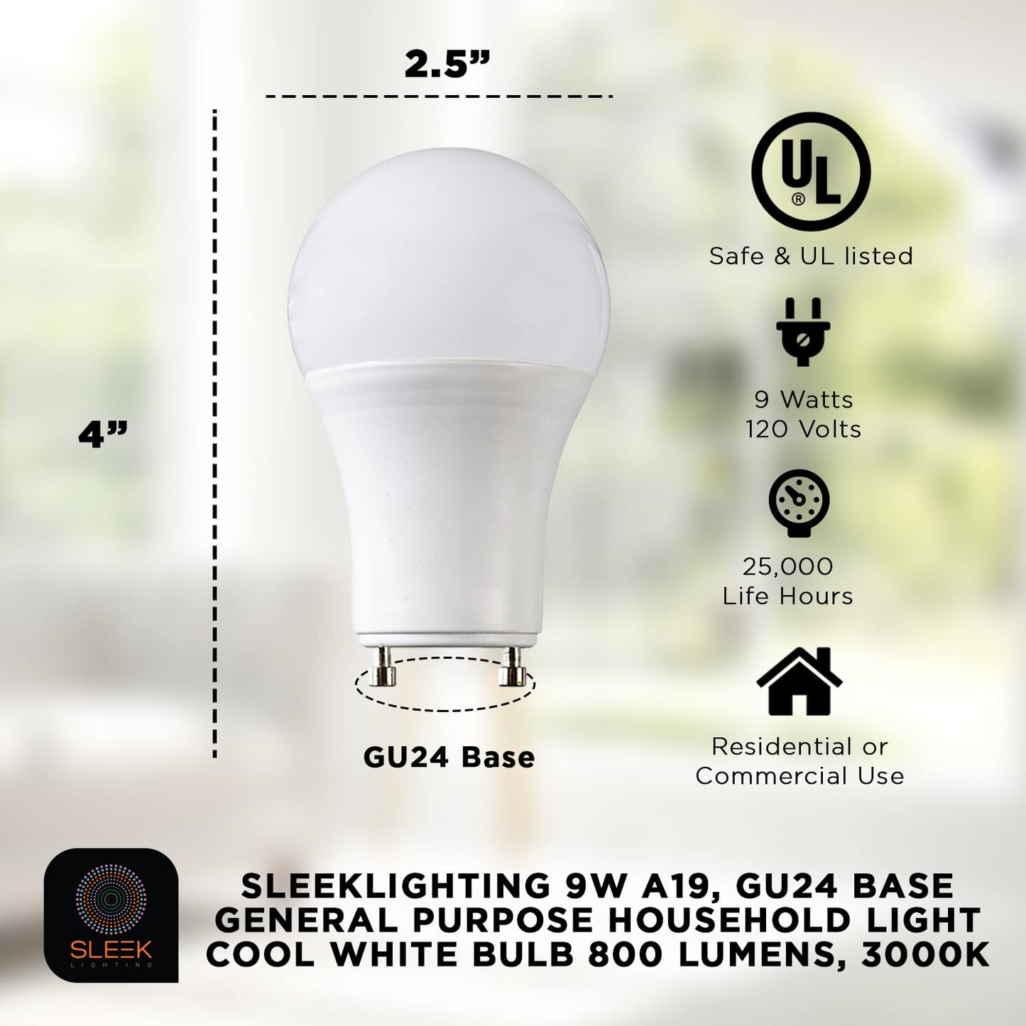 SLEEKLIGHTING GU24 LED Light Bulb, 2 Prong Light Bulb - Dimmable,9 WATT, Twist Lock Base, Replacing CFL Ceiling Lights,3000K Warm White 800lm, 240