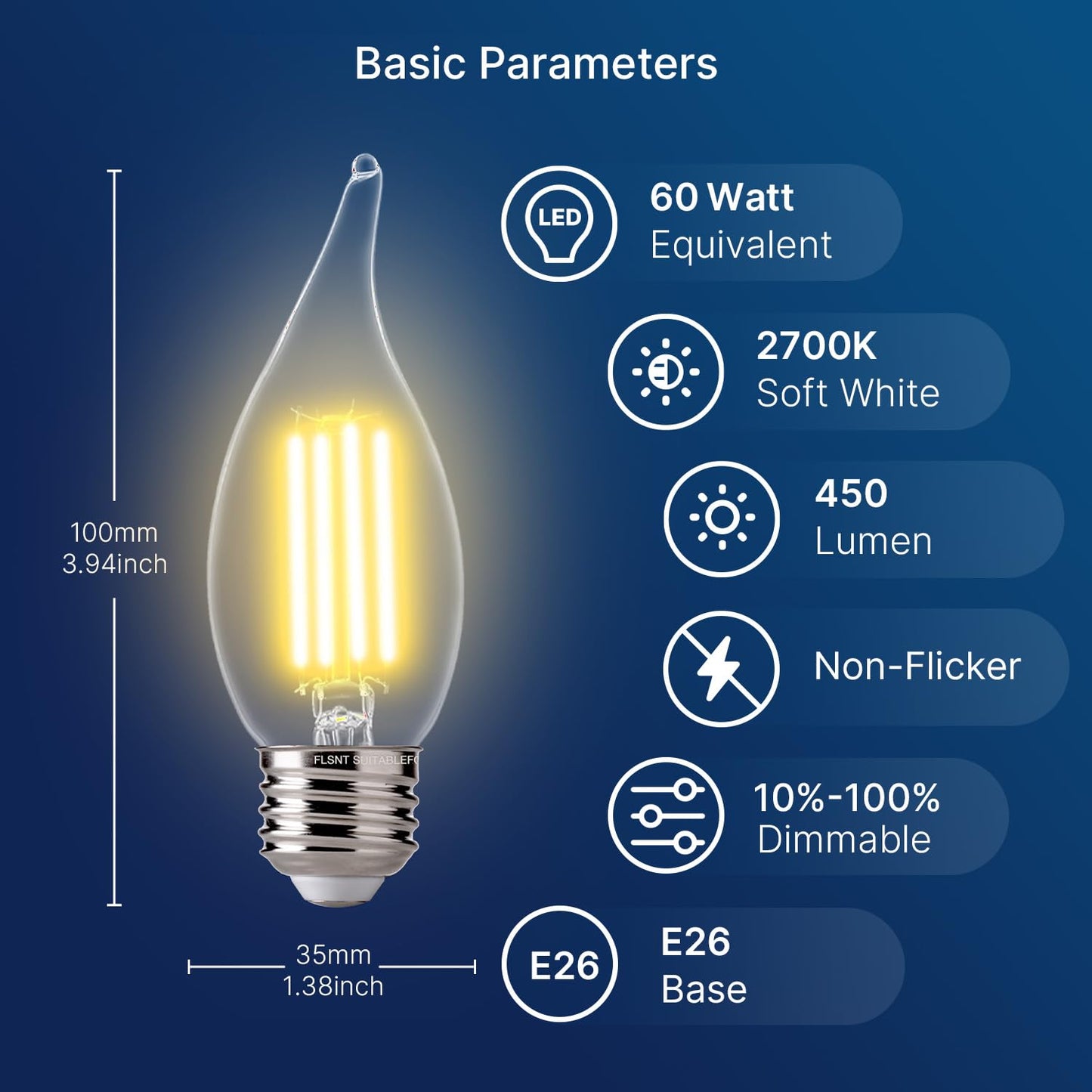 FLSNT LED 60 Watts Equivalent Chandelier Light Bulbs, CA11 Dimmable Filament Clear LED Candelabra Bulbs, E26 Medium Base, 2700K Soft White, 6 Pack