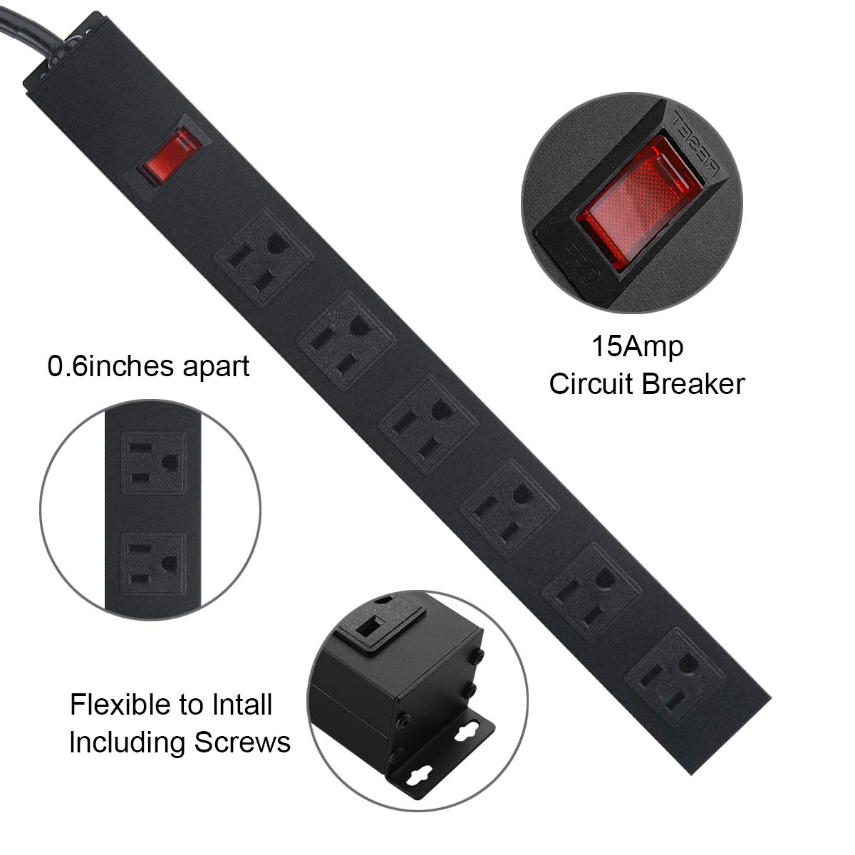 Metal Wall Mount Power Strip, Mountable Power Outlet with 6 AC Outlets, Aluminum Alloy Mount Power Socket with Switch, 6 FT SJT 3/C 14AWG Power Cord