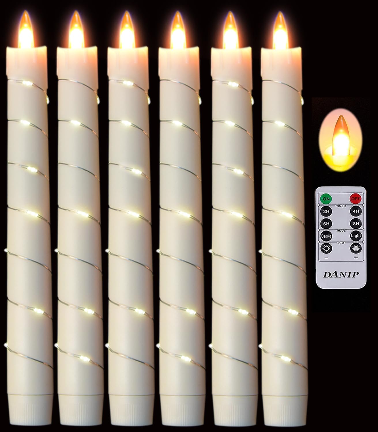 danip flameless Cone Candle, Patented Starlight String, with 11 Timing Key Remote Control, Battery Powered, Patented Simulated Flame, 6 Packs (Ivory