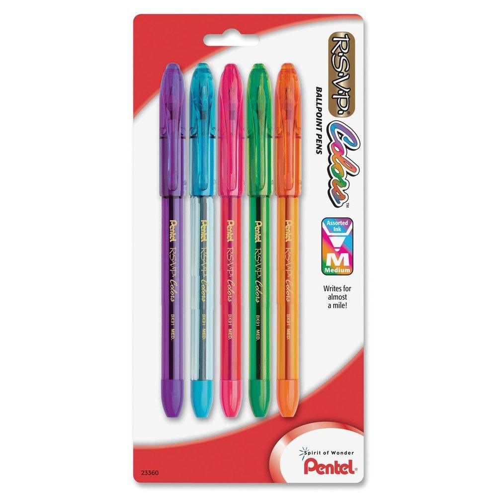 Pentel R.S.V.P. Colors Ballpoint Pen, Medium, Assorted Ink, Pack of 5 (BK91CRBP5M)