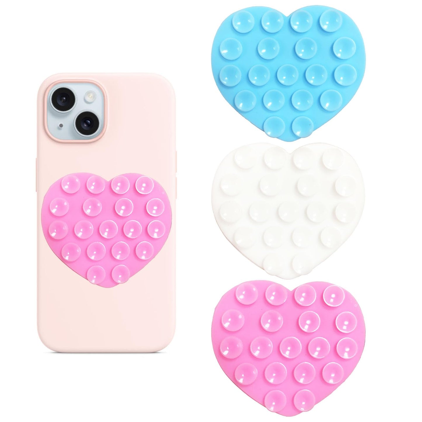 3Pcs Love Shape Phone Grip with Strong Suction - Heart Shaped Phone Holder for Mirror Selfies, Hands-Free Videos on Smooth Surfaces - Universal