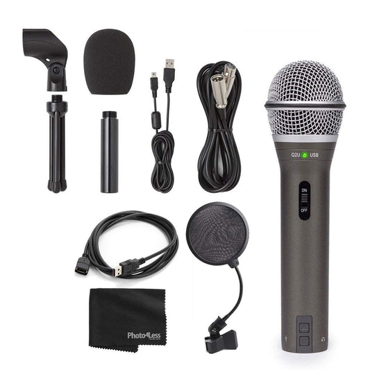 SAMSON Q2U Recording & Podcasting Pack (Grey) with 4-Inch Pop Filter, USB 2.0 A Male to A Female Extension Cable and Lens & Camera Cleaning Cloth