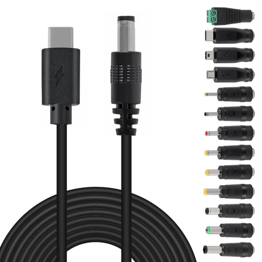 MELIFE USB C to DC 9V Power Cord, Universal DC 5.5x2.5mm (Compatible with 5.5 x 2.1mm) Plug Jack Charging Cable with 13 Connector Tips, 3.3ft USB C