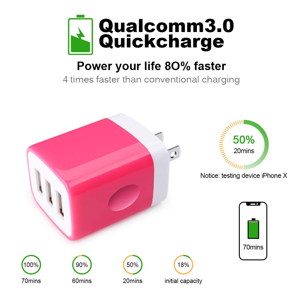 Sicodo Wall Charger Adapter,USB Cubes,3Pack Universal Travel 3.1A 3 Muti Port Plug Charging Block Compatible with iPhone