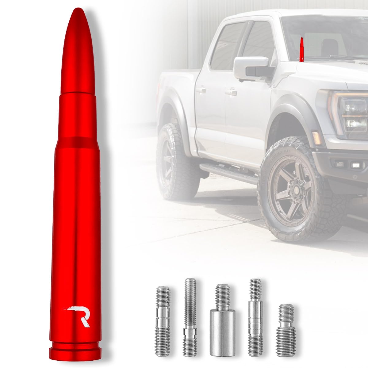 RECON - 50 Cal Bullet Style Truck/SUV Aluminum Antenna 5" - Multiple Colors (Fits OEM Factory Threaded Antennas) (Red)