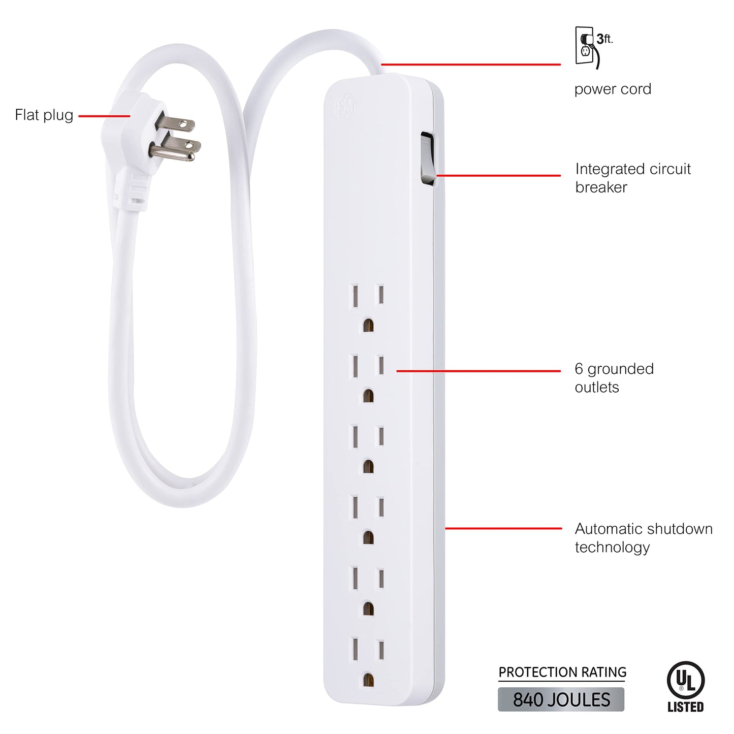 GE Home Electrical 3-Outlet Power Strip, 15 ft Extension Cord, 16 Gauge, Twist-to-Close Safety Outlet, White, 51962 & GE 3-Outlet Power Strip, 9 Ft