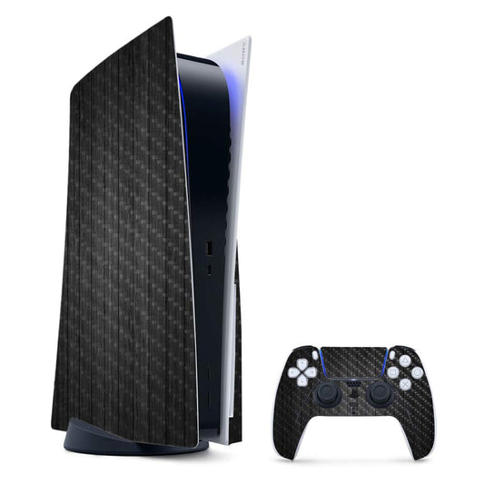 MightySkins Carbon Fiber Gaming Skin for PS5 / Playstation 5 Bundle - Black Wood | Durable Textured Carbon Fiber Finish | Easy to Apply and Change
