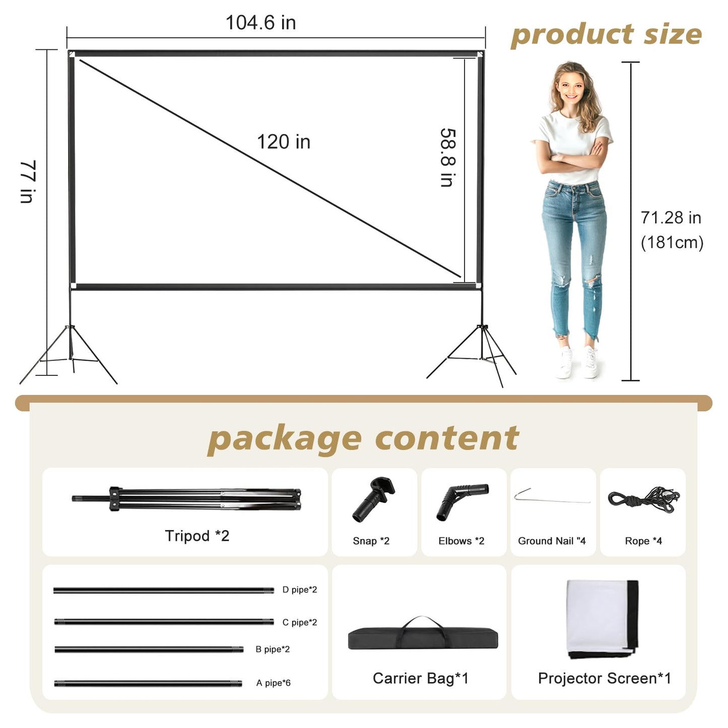 TOPPOY 120 inch Projector Screen with Stand Movie Screen Portable Indoor Outdoor 16:9 Format 4K HD Wrinkle-Free Foldable Design & Easy to Setup
