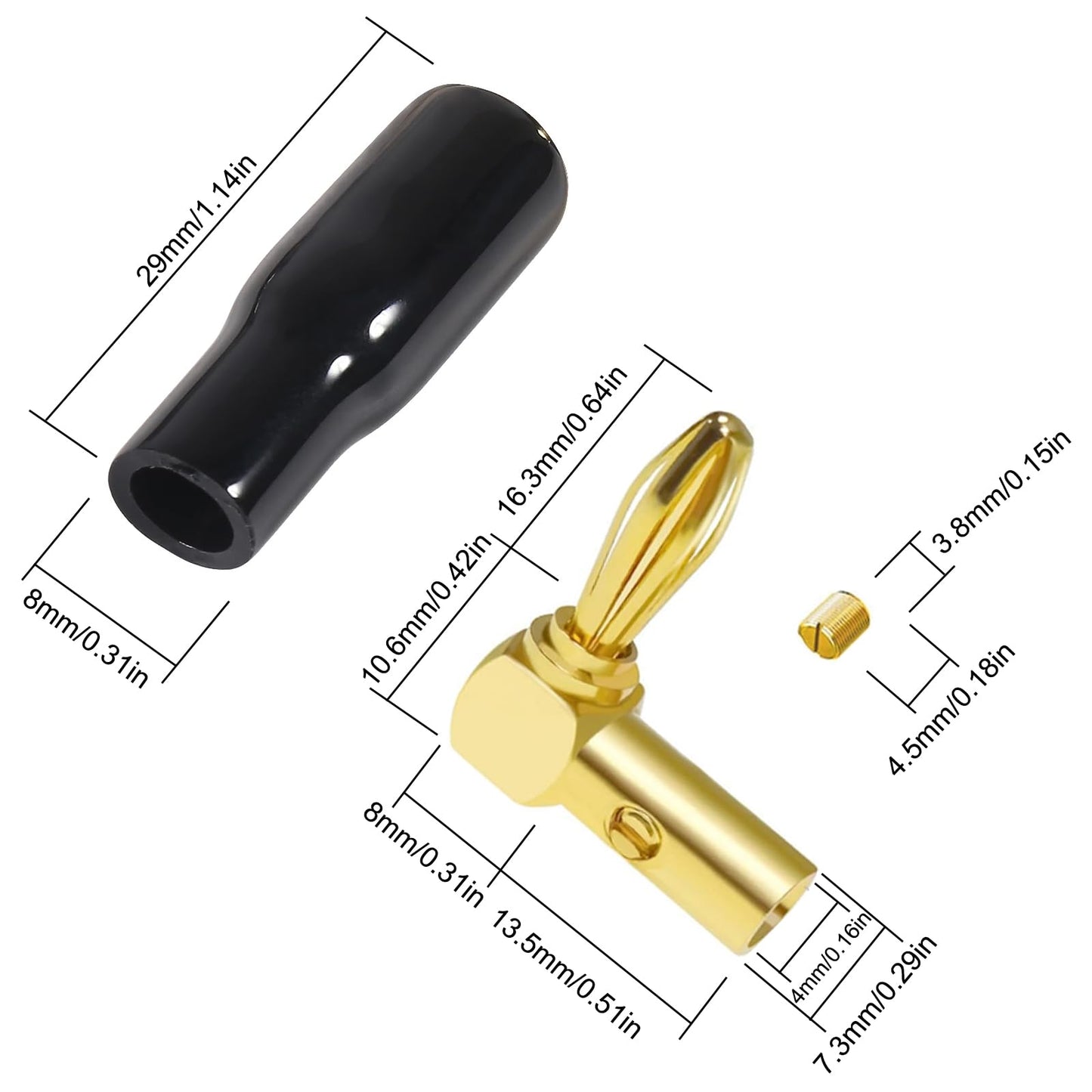 6pcs Right Angle Banana Plugs for Speaker Wire 4mm/0.16inch 90 Degree Right Angle Speaker Cable Connector (3 Red +3 Black)