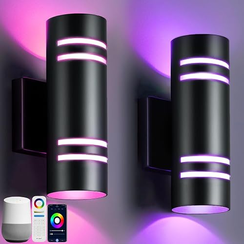 wowlite Outdoor Wall Lights for House, Remote Control Smart RGBCW Up and Down Lights Outdoor Sconce RGB Color Changing, Black Cylinder Aluminum