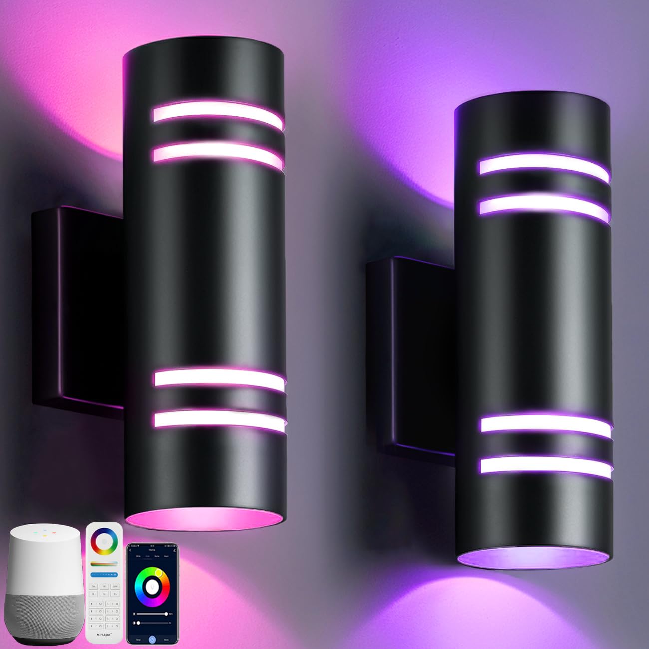 wowlite Outdoor Wall Lights for House, Remote Control Smart RGBCW Up and Down Lights Outdoor Sconce RGB Color Changing, Black Cylinder Aluminum