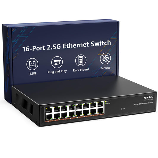 YuanLey 16 Port 2.5GB Unmanaged Ethernet Switch, 16 x 2.5G Base-T Ports, Compatible with 100/1000/2500Mbps, Metal Fanless, Desktop/Rack Mount YuanLey